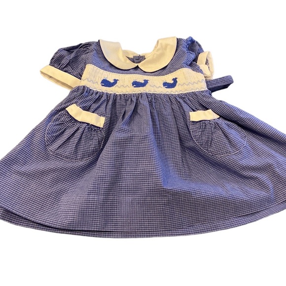 Friedknit Creations Blue Smocked Whale Short Sleeved Bow Tie Dress - Picture 1 of 10